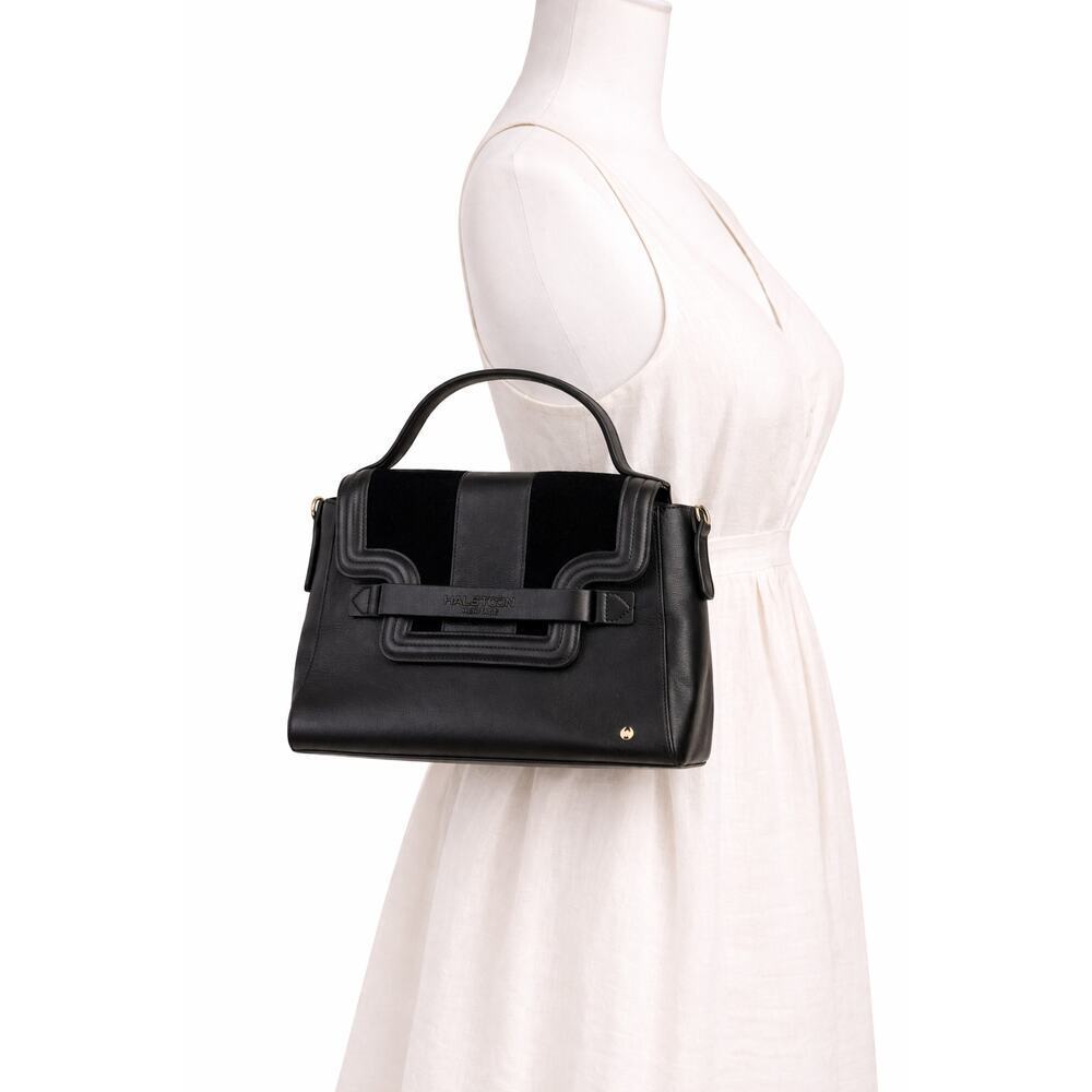 Halston Heritage Black Leather Top Handle Satchel Bag Gold Lining EUC Chic